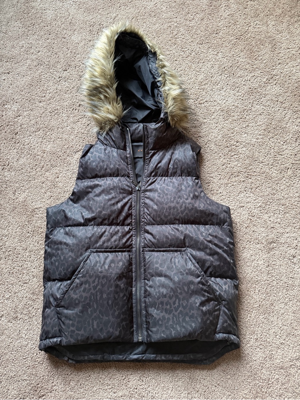 Coach Womens Faux-Fur Hooded Puffer Vest - Dark Charcoal Leopard